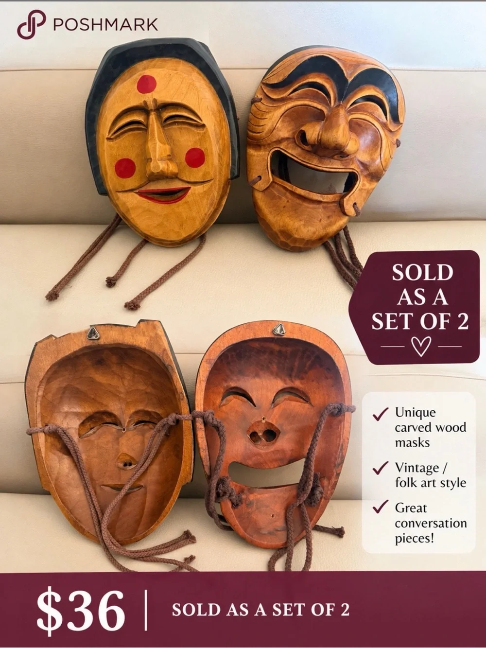 Vintage Hand-Carved Wooden Masks — Set of 2